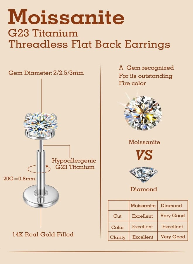 VOJO 3 Pairs Moissanite & Titanium Flat back Earrings, 20G Threadless Labret Stud for Women, Tragus Cartilage Nose Piercing Jewelry, Hypoallergenic Body Earrings (White Gold) - Image 4