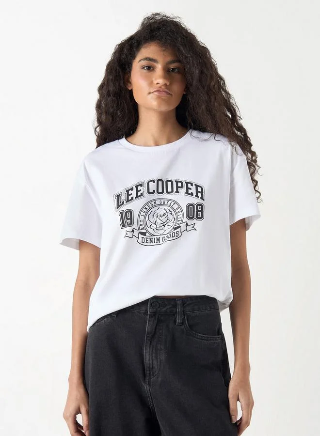 Lee Cooper Studded Crew Neck Cotton T-shirt with Short Sleeves