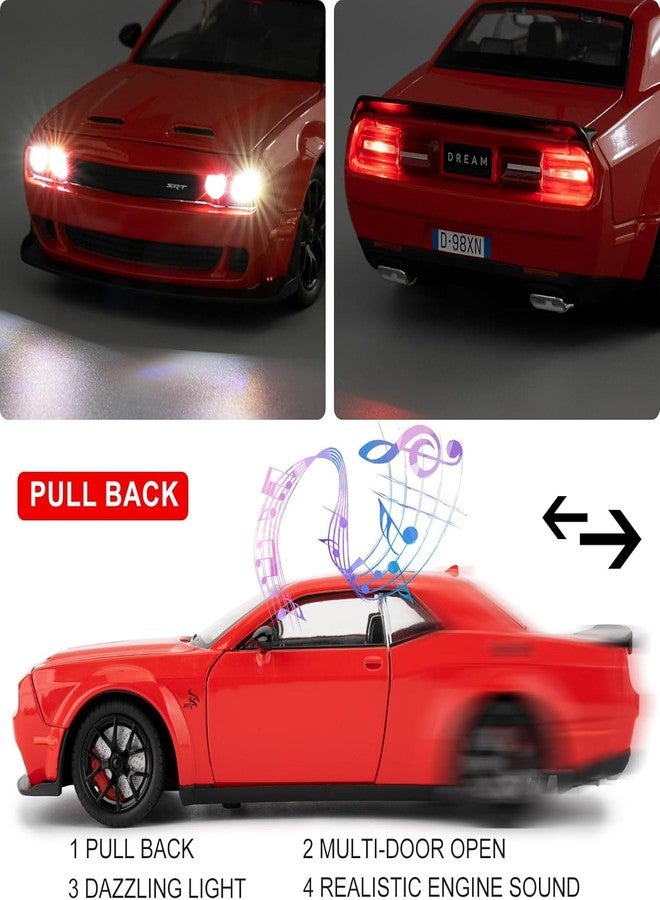 PEZYOX 1/24 Dodge Challenger Hellcat Model Car, Zinc Alloy Pull Back Toy car with Sound and Light for Kids Boy Girl Gift (Red) - Image 2
