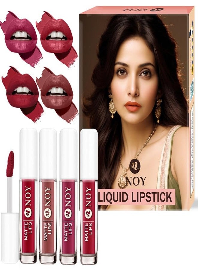 Noy Liquid Matte Lipstick Bold Matte Finish That Feels Soft and Smooth - Cherry Nude, Creamy Nude, Mauve Nude, Venetian Red Shades Pack of 4 - Image 1
