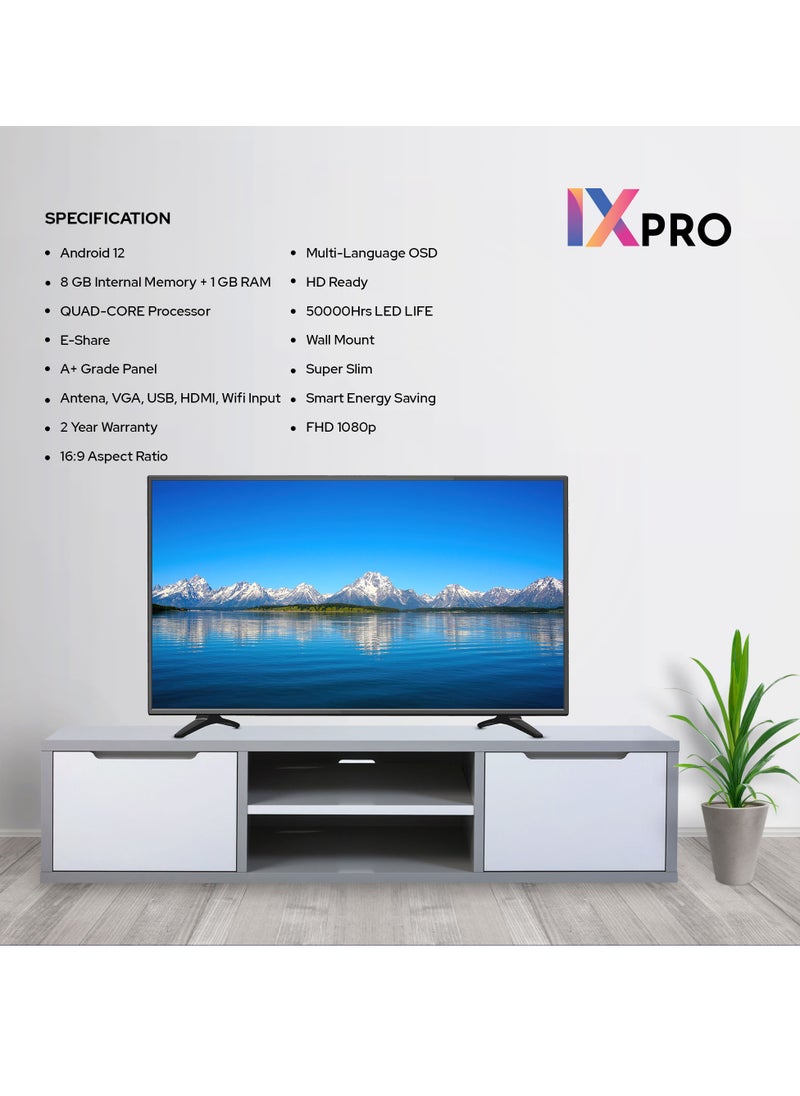 IX Pro - تلفزيون ذكي LED بدقة 32 بوصة مع نظام Android 12، معالج رباعي النواة، ذاكرة داخلية 8 جيجابايت، لوحة من الدرجة A+، ضمان لمدة عامين، قابل للتثبيت على الحائط، تصميم نحيف للغاية، توفير ذكي للطاقة (PRO 32SMART) - Image 1