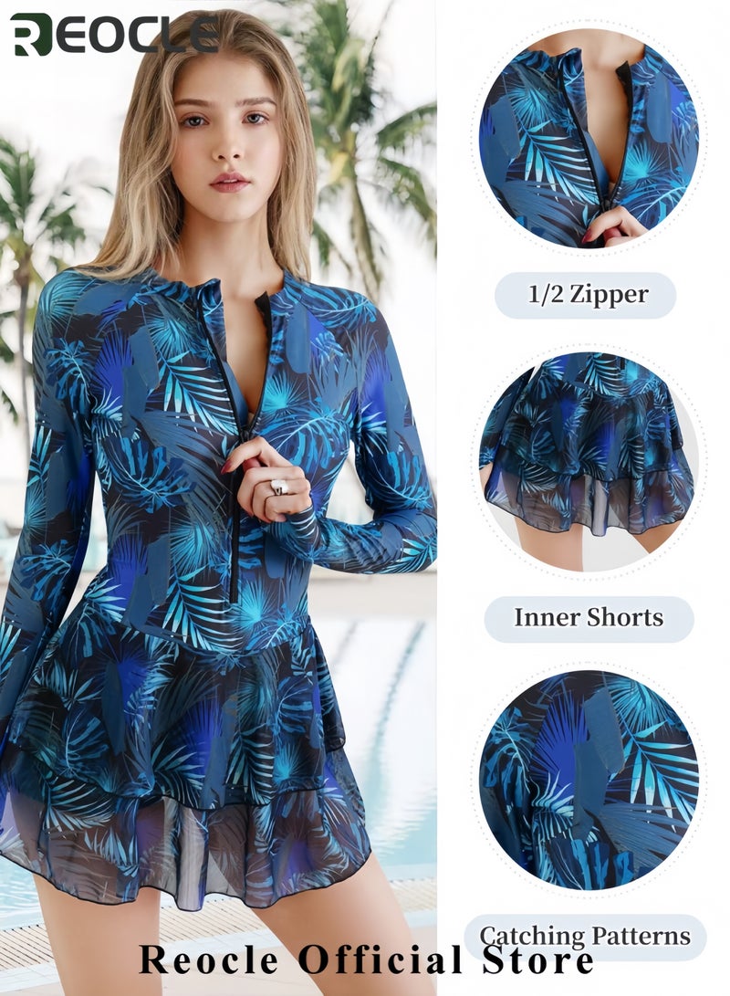 REOCLE Womens Rash Guard Long Sleeve UPF 50+ Zip Up One Piece Swimsuits with Shorts Modest Swim Dress with Built in Bra  - Image 4