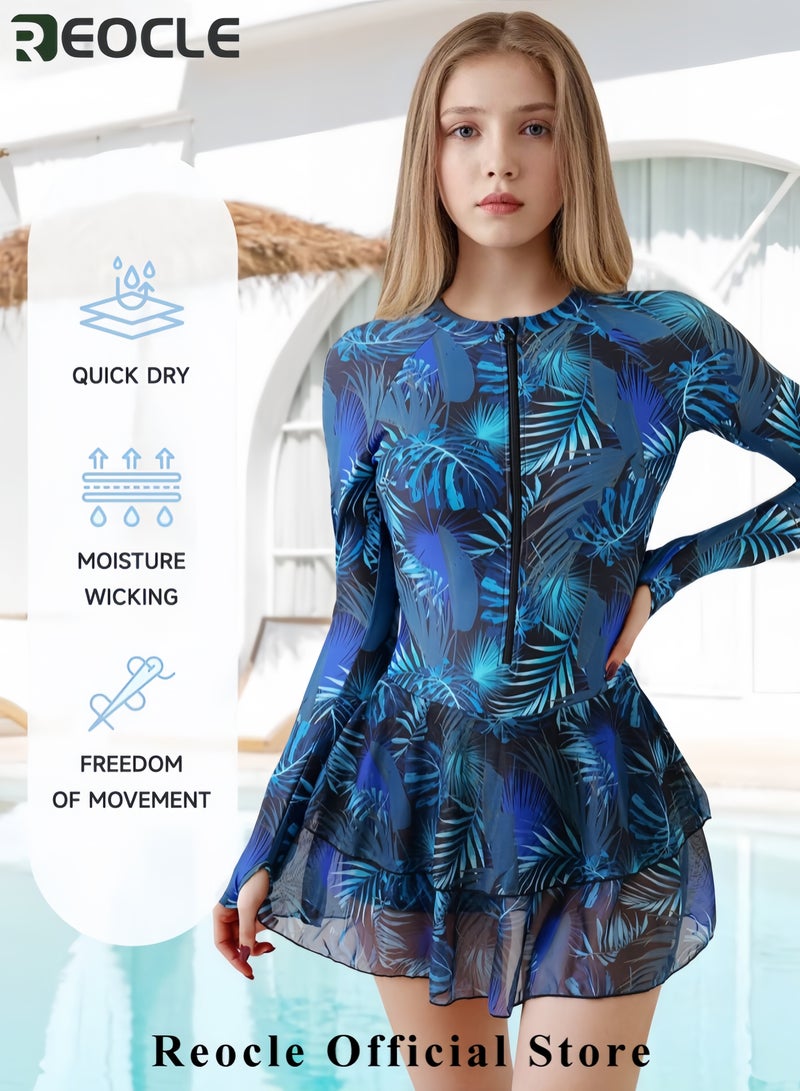 REOCLE Womens Rash Guard Long Sleeve UPF 50+ Zip Up One Piece Swimsuits with Shorts Modest Swim Dress with Built in Bra  - Image 2