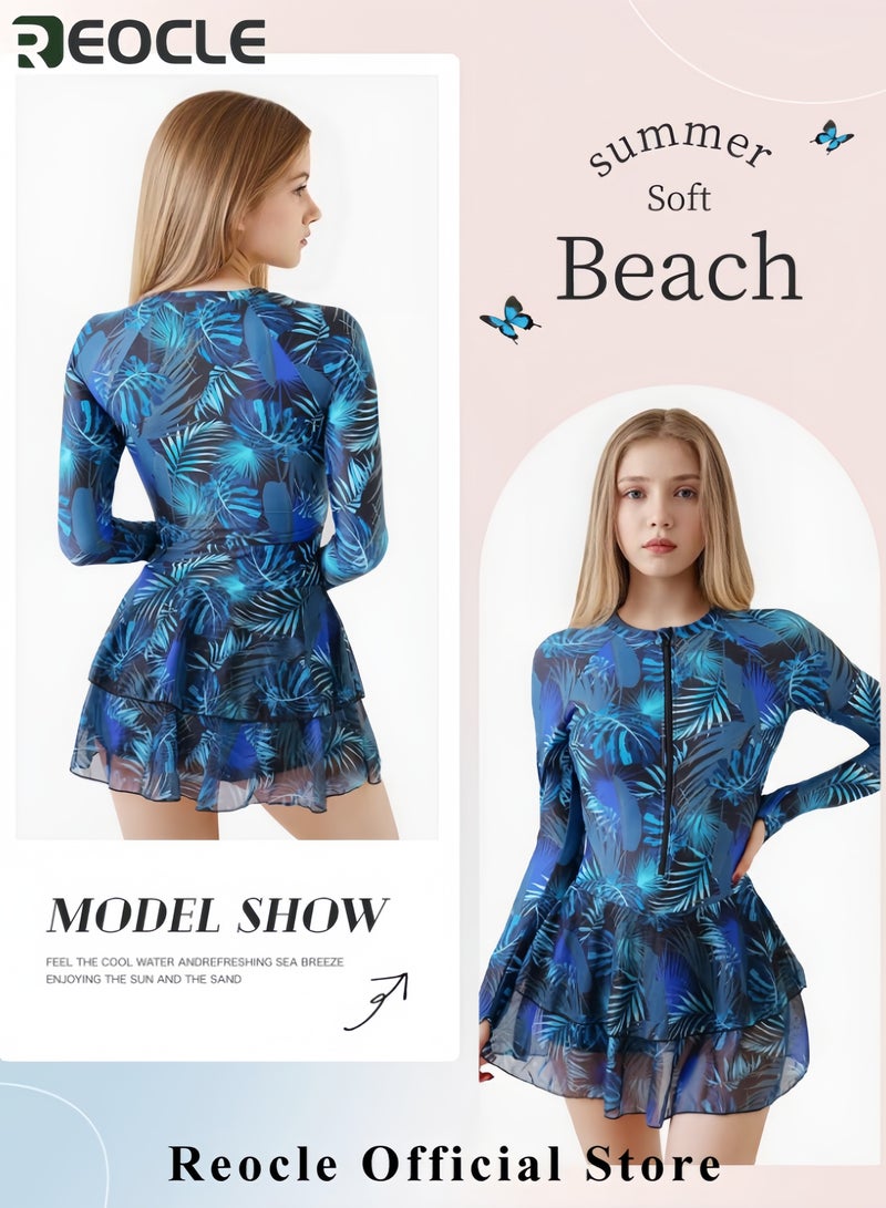 REOCLE Womens Rash Guard Long Sleeve UPF 50+ Zip Up One Piece Swimsuits with Shorts Modest Swim Dress with Built in Bra  - Image 3