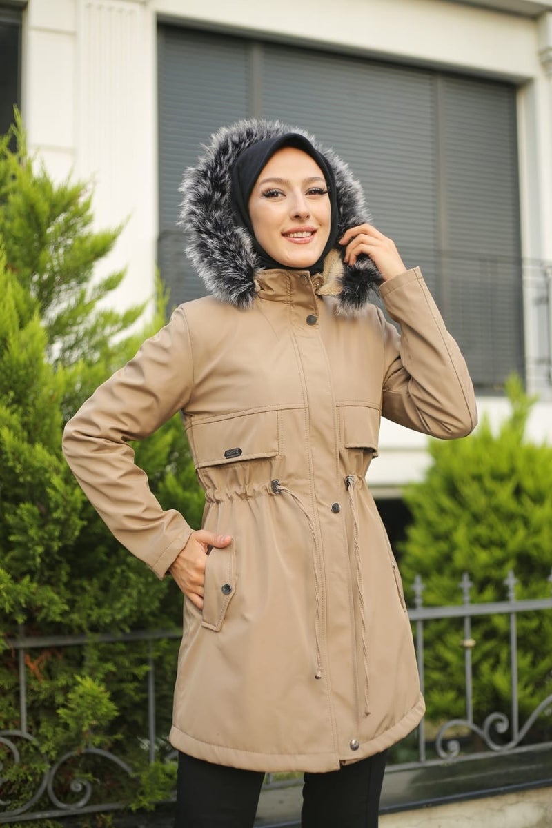 Vibeys Collection Beige Fur Lined and Waterproof Women's Winter Coat & Jacket  - Image 1