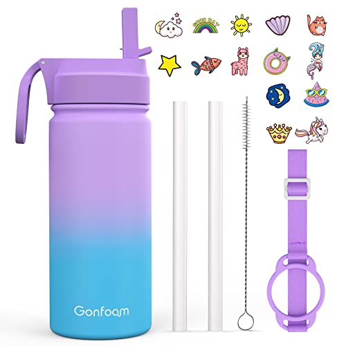 16oz Water Bottles with Straw and Stickers Stainless Steel Vacuum Double Wall Insulated cup Kids Water Bottle for School Gifts for GirlsPurple and Blue