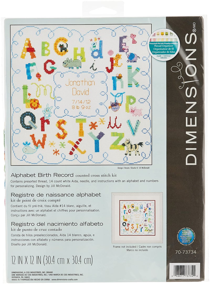 Dimensions Alphabet Birth Record Counted Cross Stitch Kit 12 x 12 White Pastels