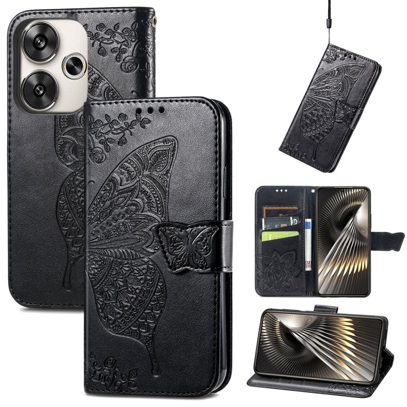 HuHa Protective Cover For Xiaomi Redmi Turbo 3 5G Butterfly Love Flower Embossed Leather Phone Case(Black) - Image 1