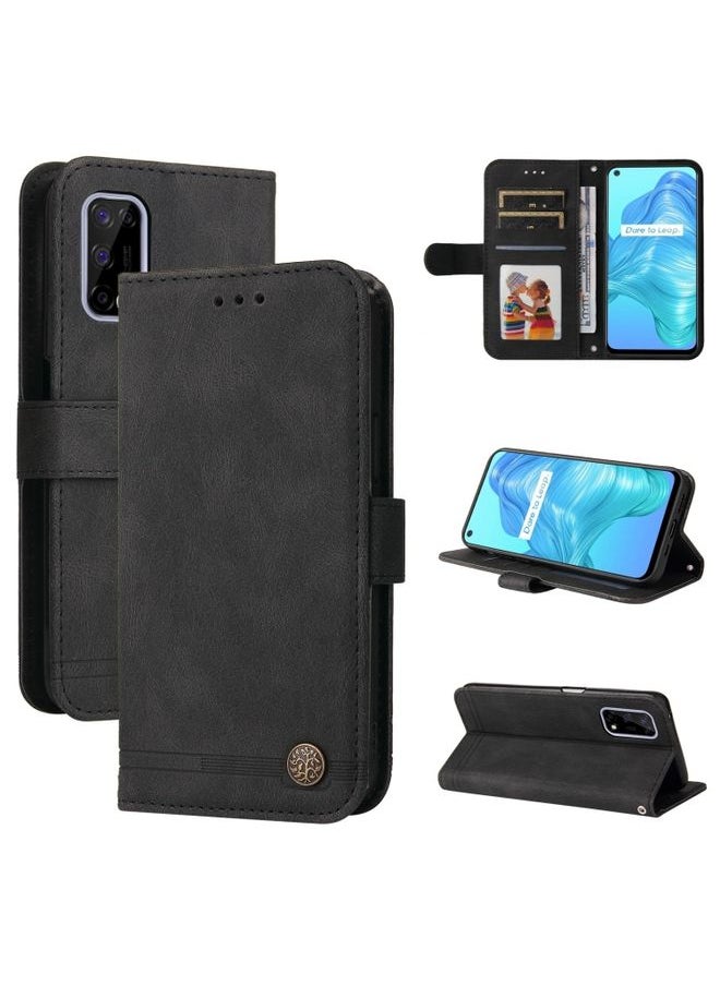 HuHa Case Cover For Realme 7 5G / V5 5G Skin Feel Life Tree Metal Button Horizontal Flip Leather Case with Holder & Card Slot & Wallet & Photo Frame & Strap Black 
