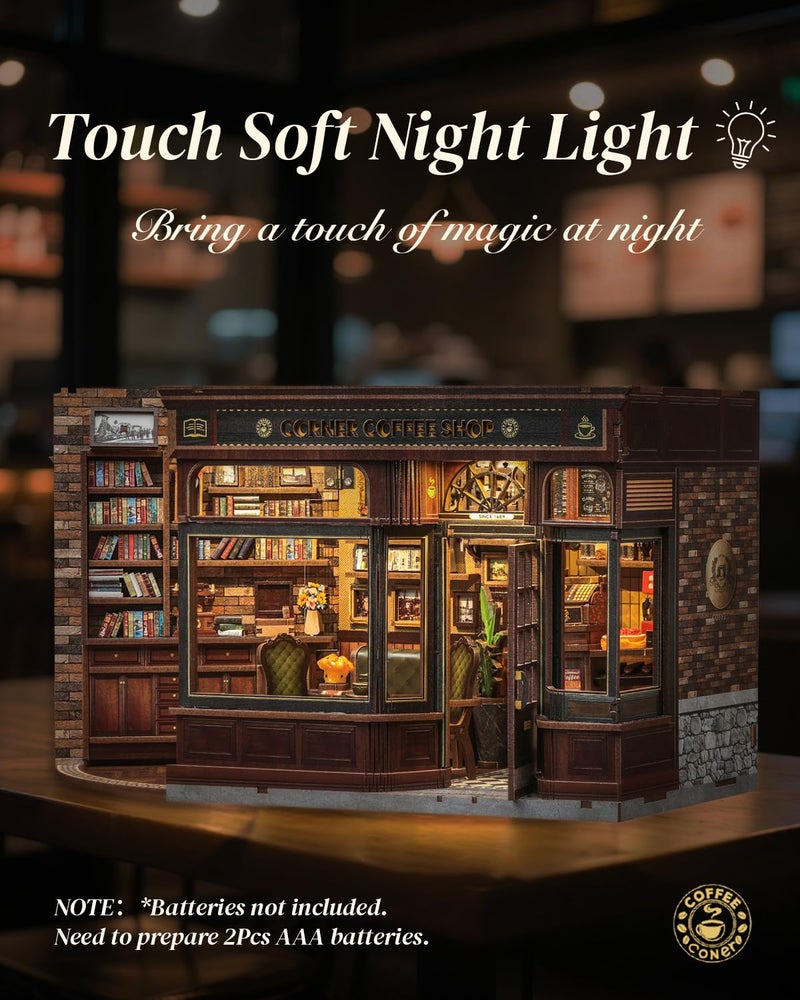 Cutefun Book Nook Kit - DIY Miniature Bread Shop Booknook Kits for Adults and Teens, 3D Wooden Puzzle Bookend Bookshelf with LED Light, Creative Crafts Gifts for Book Lovers (Corner Coffee Shop) - Image 2