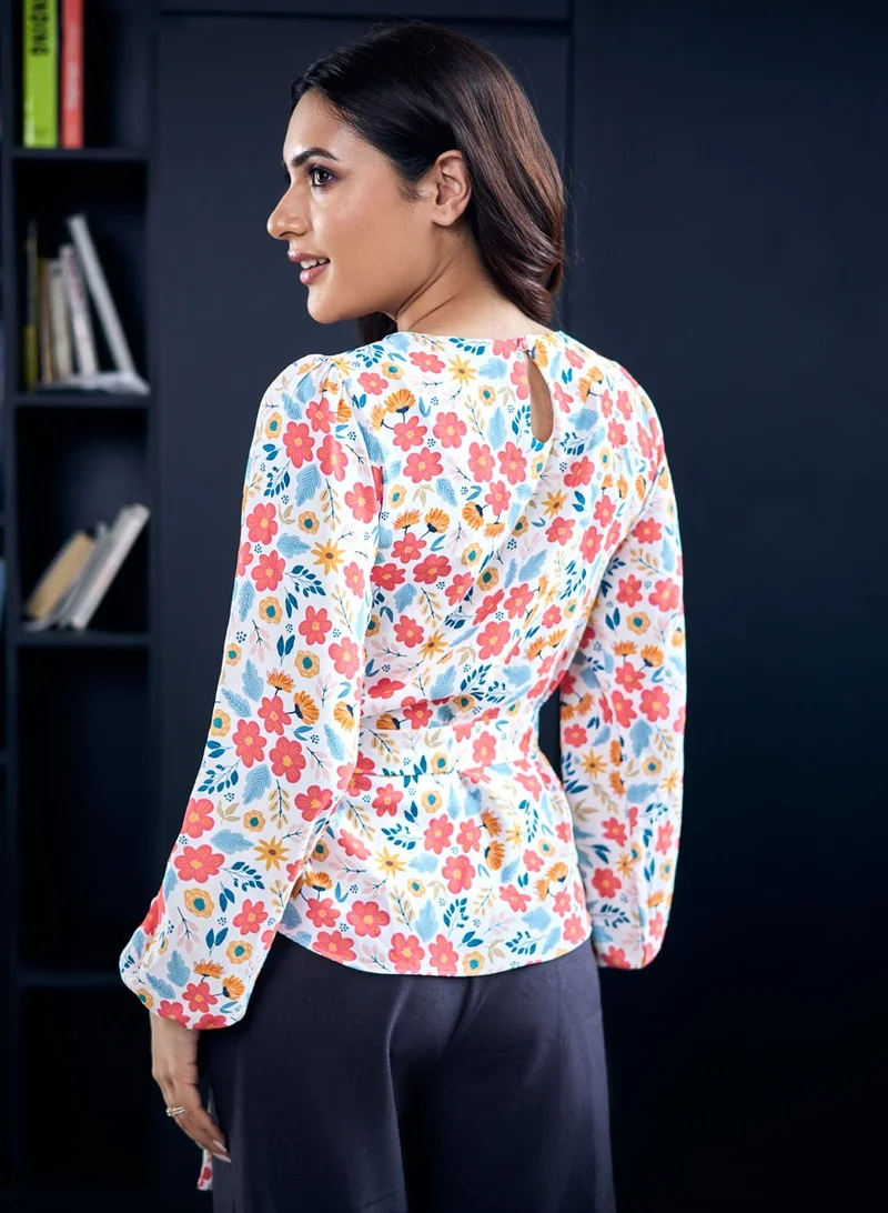 Zigzag Floral Printed Waist Tie Chiffon Top