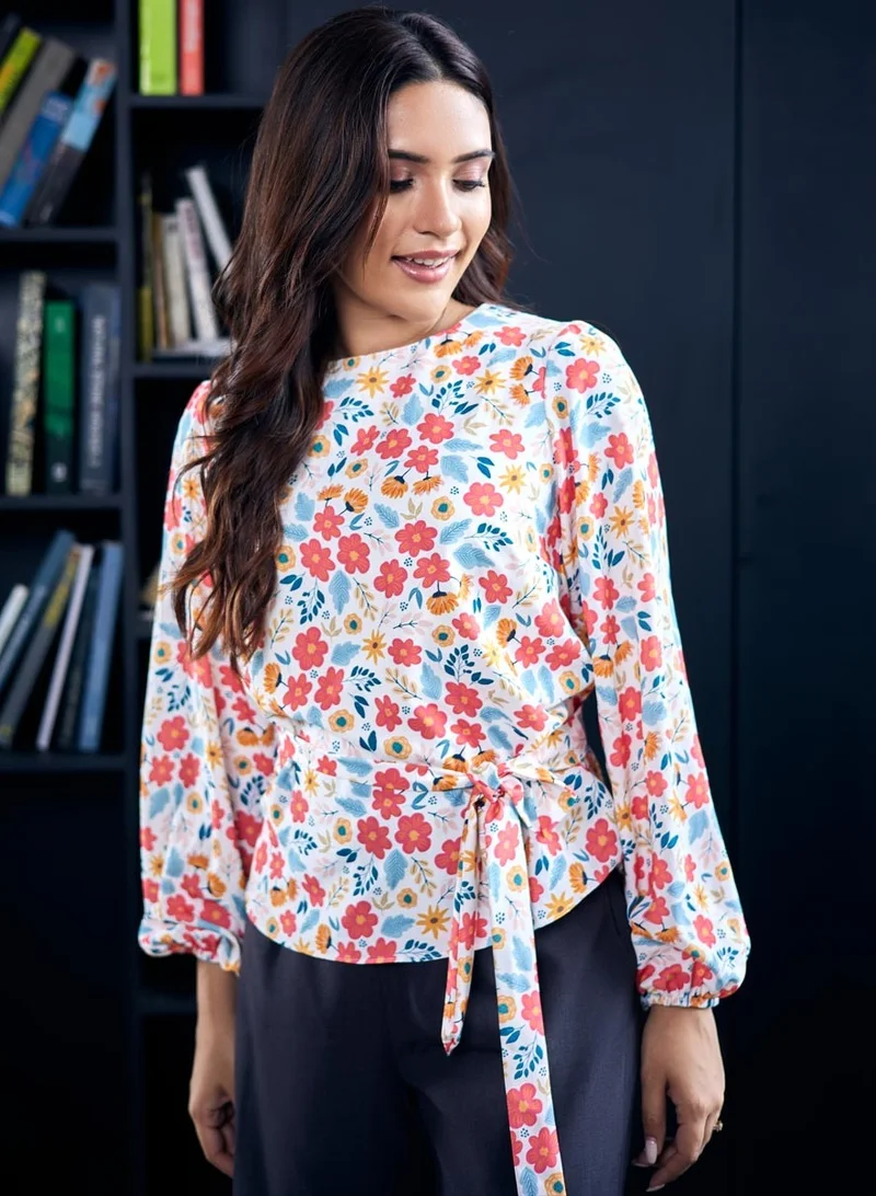 Zigzag Floral Printed Waist Tie Chiffon Top