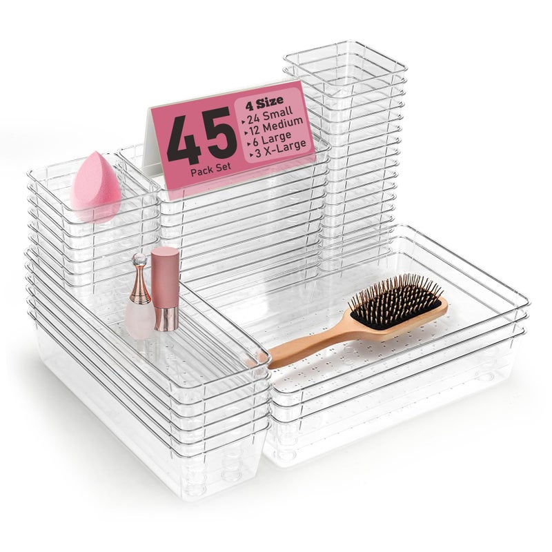 VEXTHYX Clear Plastic Drawer Organizers Set of 45 Vanity Organizers Stackable Storage Bins Dividers Bathroom Organizers Storage Vanity Organizer Bins for Makeup, Kitchen Utensils, Jewelries, Office - Image 1