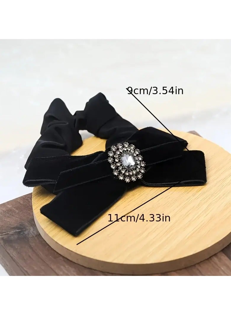 Goolsky Vintage Elegant Black Bow Hair Tie with Rhinestone Accent, Fabric Hair Ring, Single Piece - Image 3