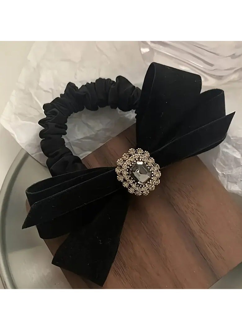 Goolsky Vintage Elegant Black Bow Hair Tie with Rhinestone Accent, Fabric Hair Ring, Single Piece - Image 1