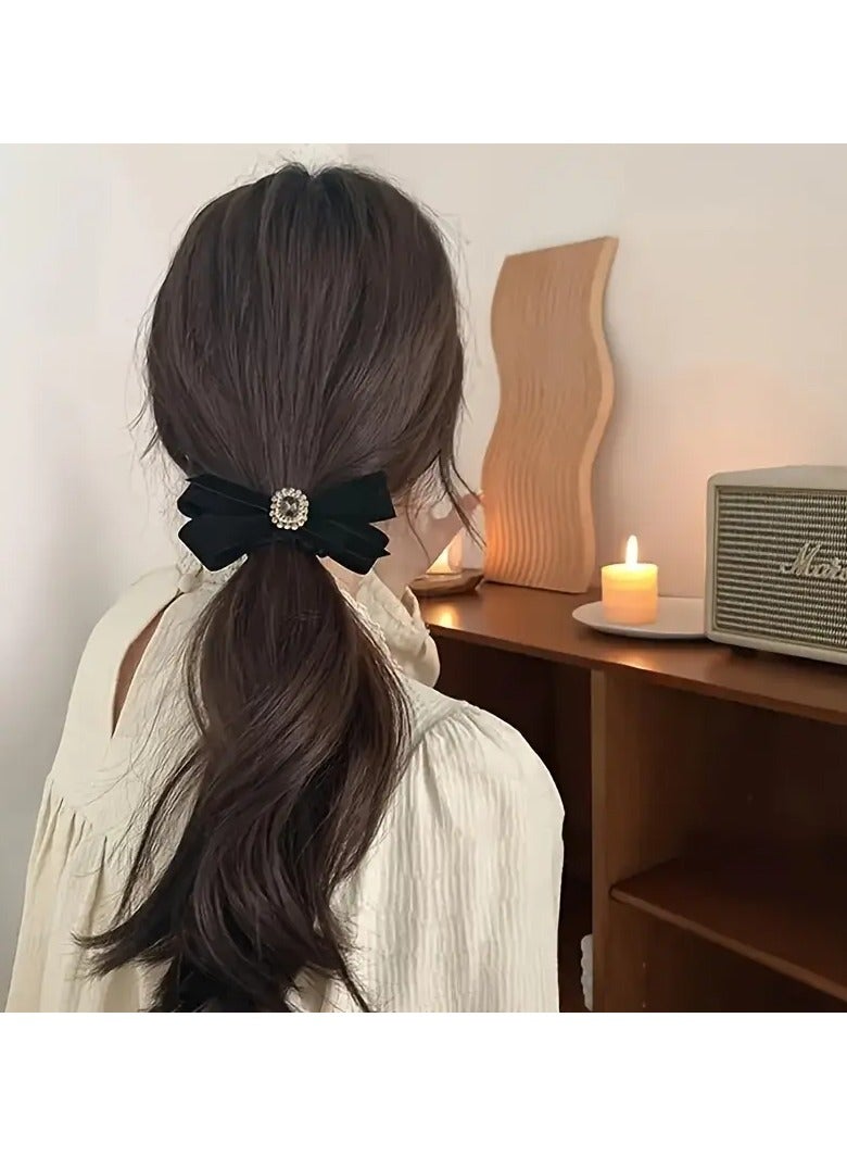 Goolsky Vintage Elegant Black Bow Hair Tie with Rhinestone Accent, Fabric Hair Ring, Single Piece - Image 2