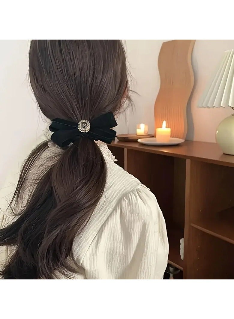 Goolsky Vintage Elegant Black Bow Hair Tie with Rhinestone Accent, Fabric Hair Ring, Single Piece - Image 5