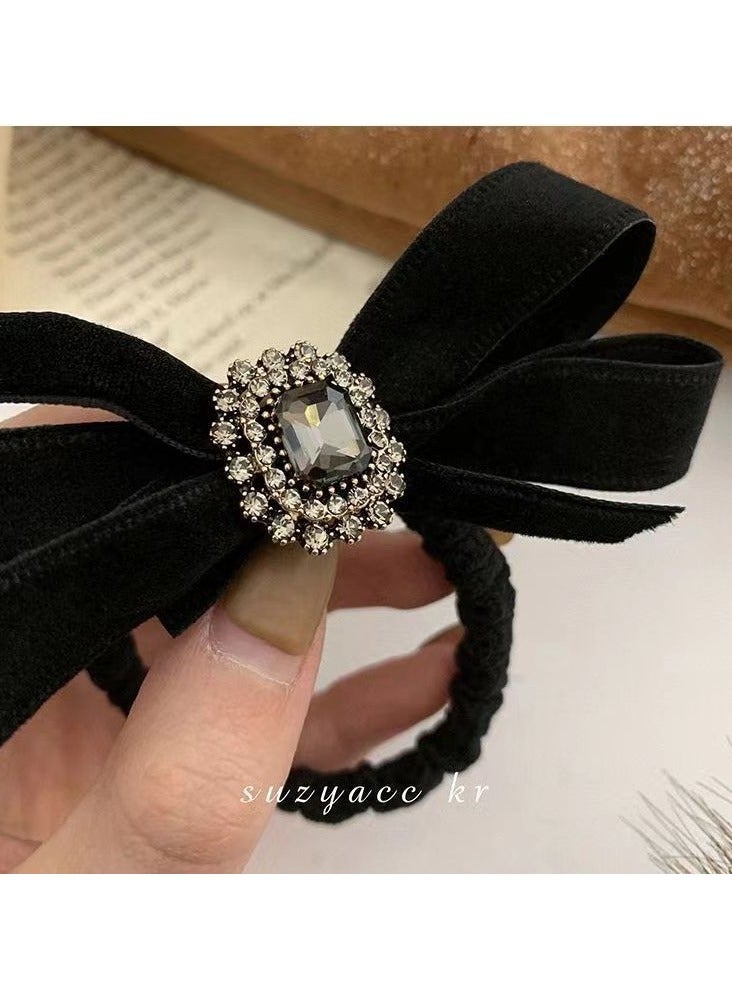 Goolsky Vintage Elegant Black Bow Hair Tie with Rhinestone Accent, Fabric Hair Ring, Single Piece - Image 4