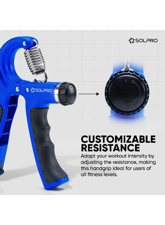 SOLPRO Velgrip Adjustable Hand Grip Strengthener with Mechanical Counter for Men & Women | Adjustable 5 to 60 kg Resistance | Forearm, Wrist & Finger Strengthener | Home, Gym Workouts (Black/Blue) - Image 2