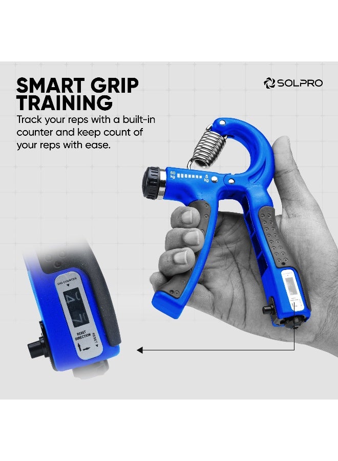 SOLPRO Velgrip Adjustable Hand Grip Strengthener with Mechanical Counter for Men & Women | Adjustable 5 to 60 kg Resistance | Forearm, Wrist & Finger Strengthener | Home, Gym Workouts (Black/Blue) - Image 3