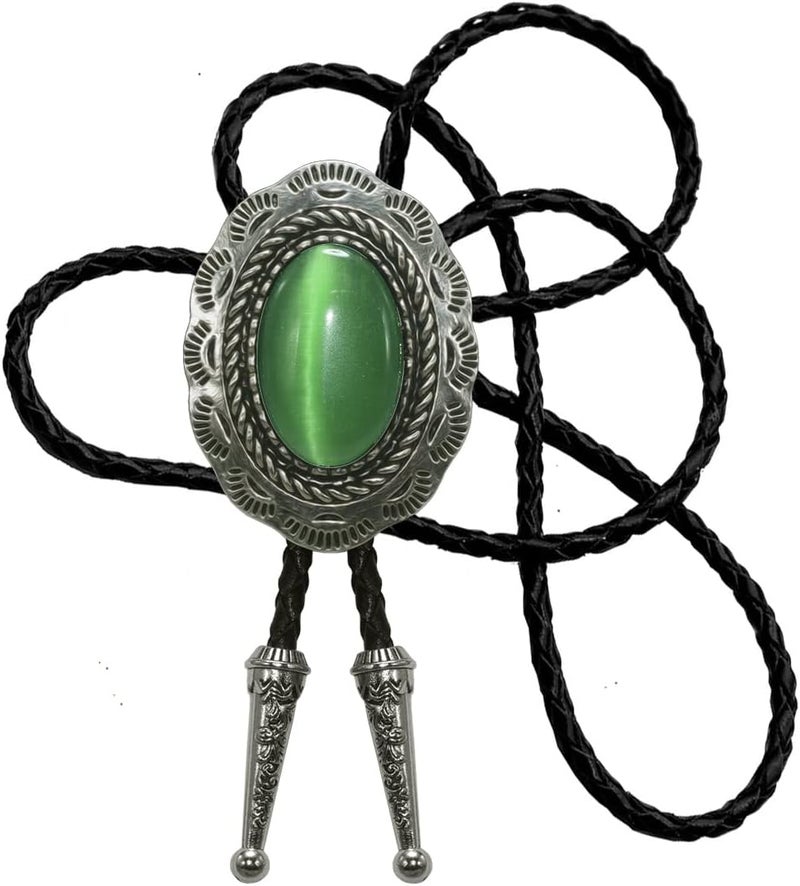Moranse Bolo Tie With Emerald Blue and Black or More Colors Stone Celtic Style Genuine and Cowhide Rope - Image 1