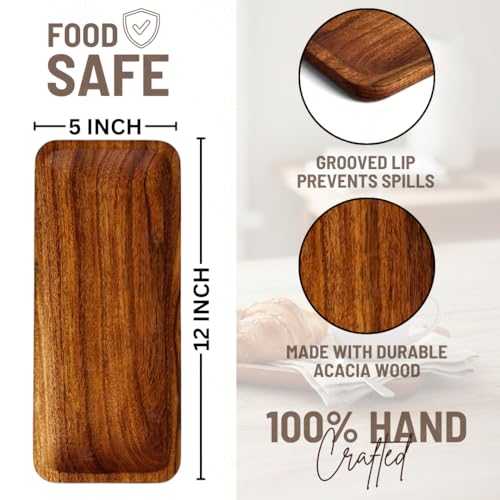SAAGA Acacia Solid Wood Rectangular Serving Platter | 12 x 5 Inch Multipurpose Tray for Snacks, Fruits & Desserts – Brown - Image 3