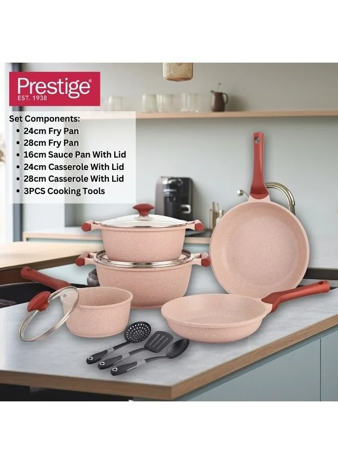 Prestige Prestige Essentials Nonstick Pots and Pans Set | Induction Cookware Set 11 Pieces | Non Stick Set Combo | Granite Cooking Set | Fry Pan Non Stick Combo Set - Pink