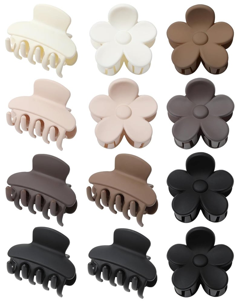 AWAYTR Hair Clips 12pcs Small Matte Hair Claw Clips for Women  Flower Rectangle  WhiteBrownBlack Cute Hair Clips for Girls