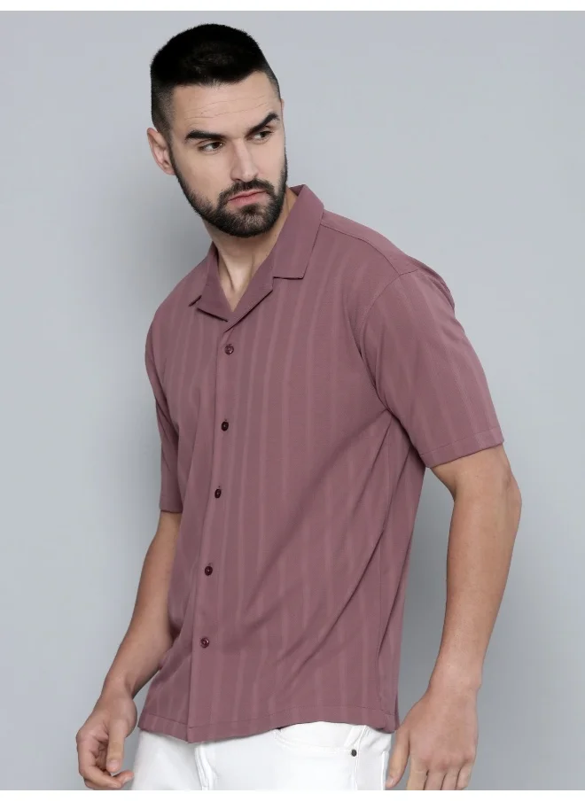 Maniac Maniac Men Plain Solid Collared Neck 3/4th Sleeve Onion Cotton Shirt