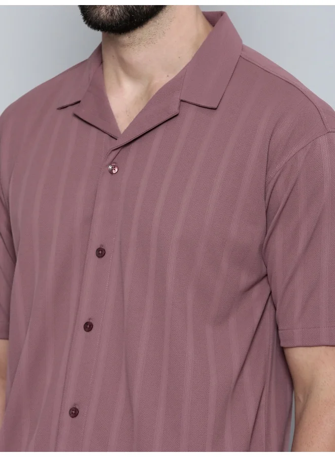 Maniac Maniac Men Plain Solid Collared Neck 3/4th Sleeve Onion Cotton Shirt
