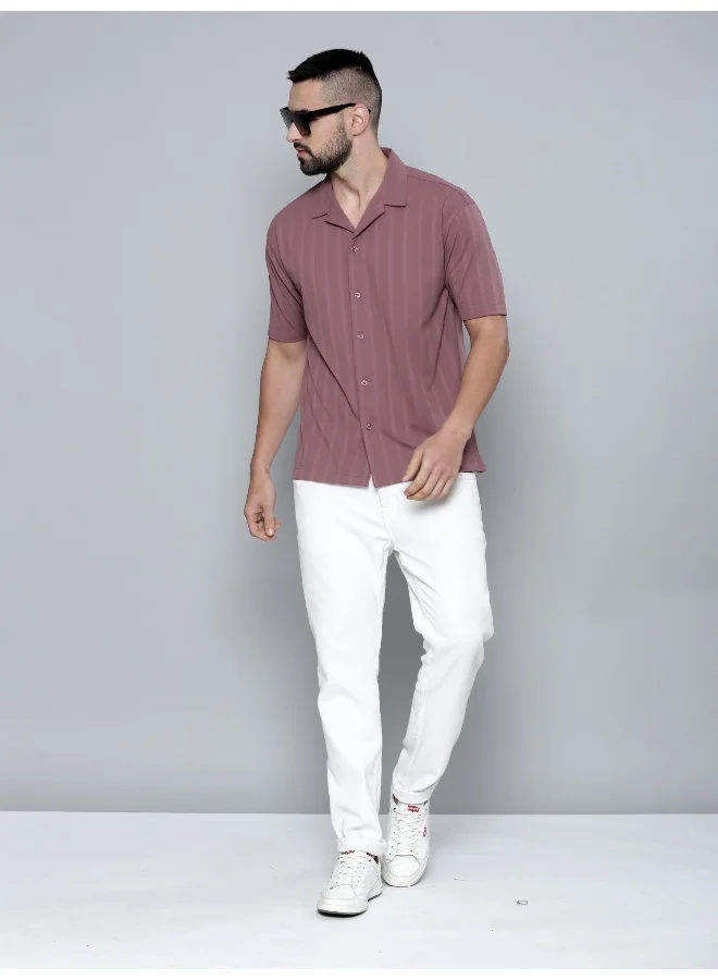 Maniac Maniac Men Plain Solid Collared Neck 3/4th Sleeve Onion Cotton Shirt