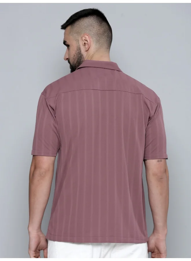 Maniac Maniac Men Plain Solid Collared Neck 3/4th Sleeve Onion Cotton Shirt