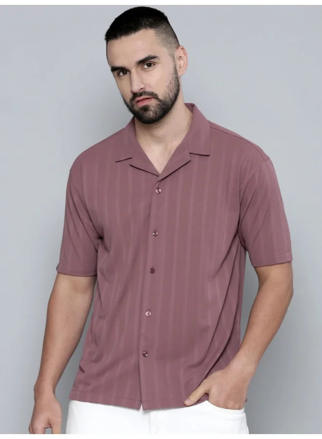 Maniac Maniac Men Plain Solid Collared Neck 3/4th Sleeve Onion Cotton Shirt