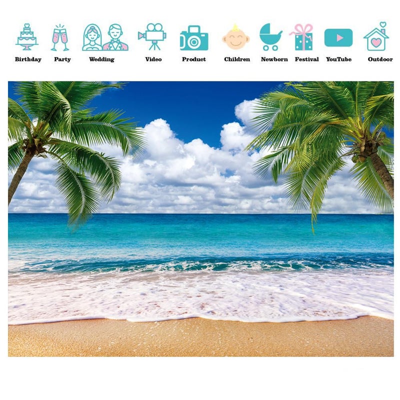 SJOLOON Summer sea Backdrop Tropical Beach Plants Photo Backdrop Hawaiian Ocean Blue Sky Background for Theme Party Supplies Studio Props 12692(7x5FT) - Image 3