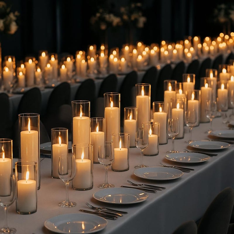 NATCENSE Set of 24 White Pillar Candles with Clear Glass Hurricane Holders- Elegant Cylinder Candle Vases for Weddings, Parties, Centerpieces, Home & Office Decor (White, 24 Set) - Image 1