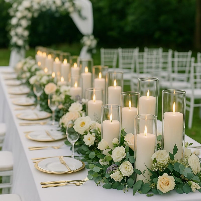 NATCENSE Set of 24 White Pillar Candles with Clear Glass Hurricane Holders- Elegant Cylinder Candle Vases for Weddings, Parties, Centerpieces, Home & Office Decor (White, 24 Set) - Image 3