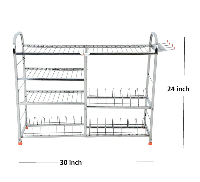 WINSTAR Stainless Steel 4 Shelf Wall Mount Kitchen Racks | Dish Rack with Cutlery and Plate Kitchen Stand | Modular Kitchen Bartan Stand | Kitchen Organizer Items (24x30 inches) (Lower Plate) - Image 3
