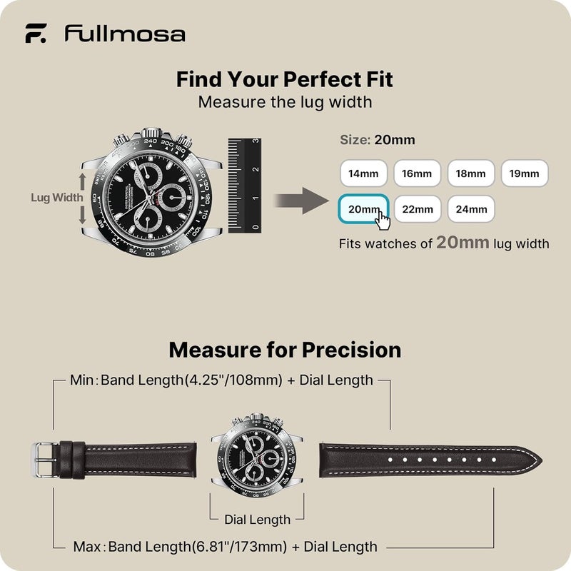 Fullmosa Watch Strap 14 mm 16 mm 18 mm 20 mm 22 mm 24 mm Genuine Leather Smartwatch Strap Compatible with Huawei Watch GT 2/3, Samsung Galaxy Watch 3/4/5/6, Amazfit GTS 4/3/2 Mini/2, Casio, Garmin - Image 5