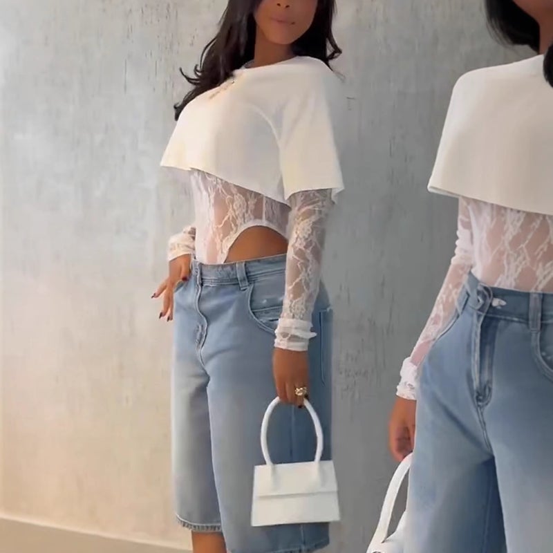 تيشيرت نسائي من قطعتين بدانتيل وأكمام طويلة وياقة دائرية - Image 1