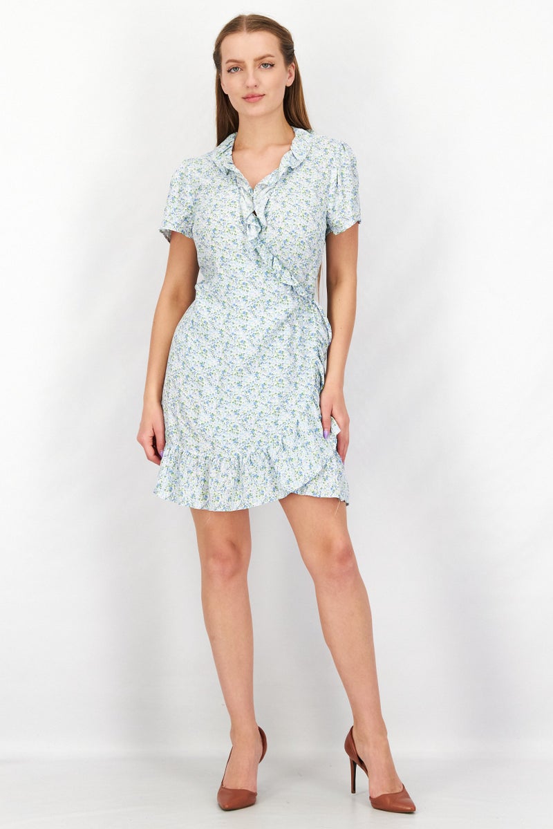 NA-KD فستان نسائي مزخرف بالأزهار، مجموعة زرقاء - Image 3