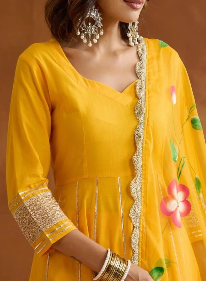 ISHIN Women'S Yellow 100% Cotton Embroidered Tunic Full Length Palazzo Straight Fit Kurta Set