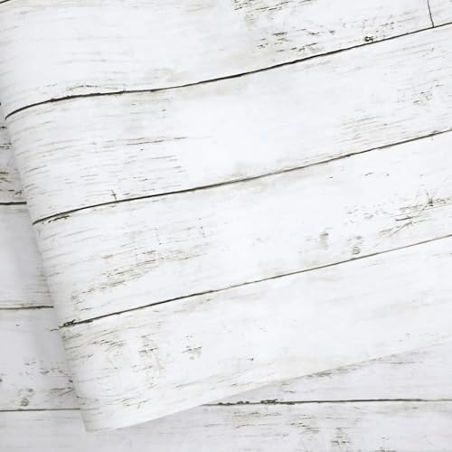 Abyssaly White Gray Wood Paper 17.71 in X 1003.9 in Self-Adhesive Removable Peel and Stick Wallpaper Decorative Wall Covering Vintage Wood Panel Interior Film for Home Decoration - Image 1