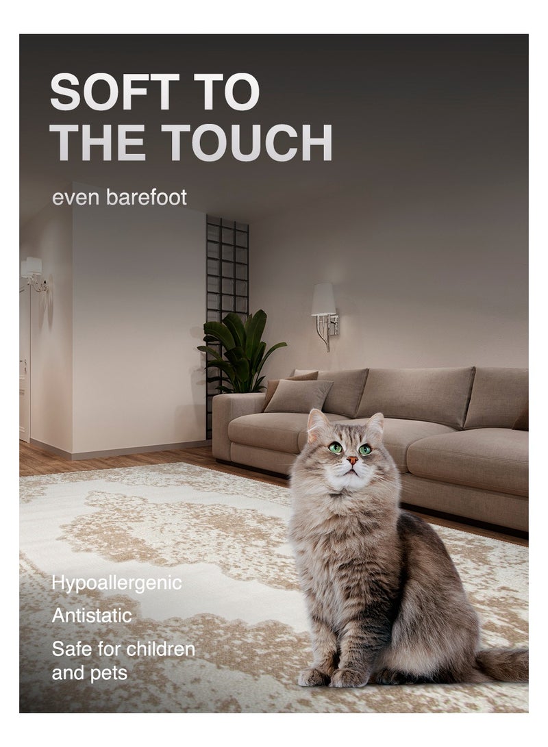 ميرينوس سجادة منطقة بتصميم عصري عتيق، غير قابلة للانزلاق، لمسة ناعمة للغاية، مثالية لتزيين أرضية غرفة المعيشة أو النوم، باللون البيج/الطبيعي/الفاتح، مستطيلة بمقاس 200x300 سم. - Image 5