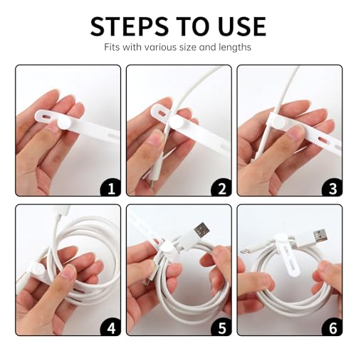Oligei 25 Pcs Silicone Cable Ties, Cable Ties Reusable, High Elasticity Cord Wraps for Electrical Cords, Cord Organizer for Earphone, Phone Charger(White) - Image 5