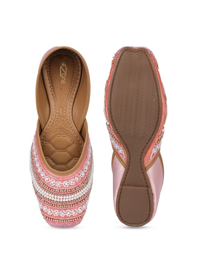 She Zone Pink Embellished Mojaris Flats for Women - Image 5