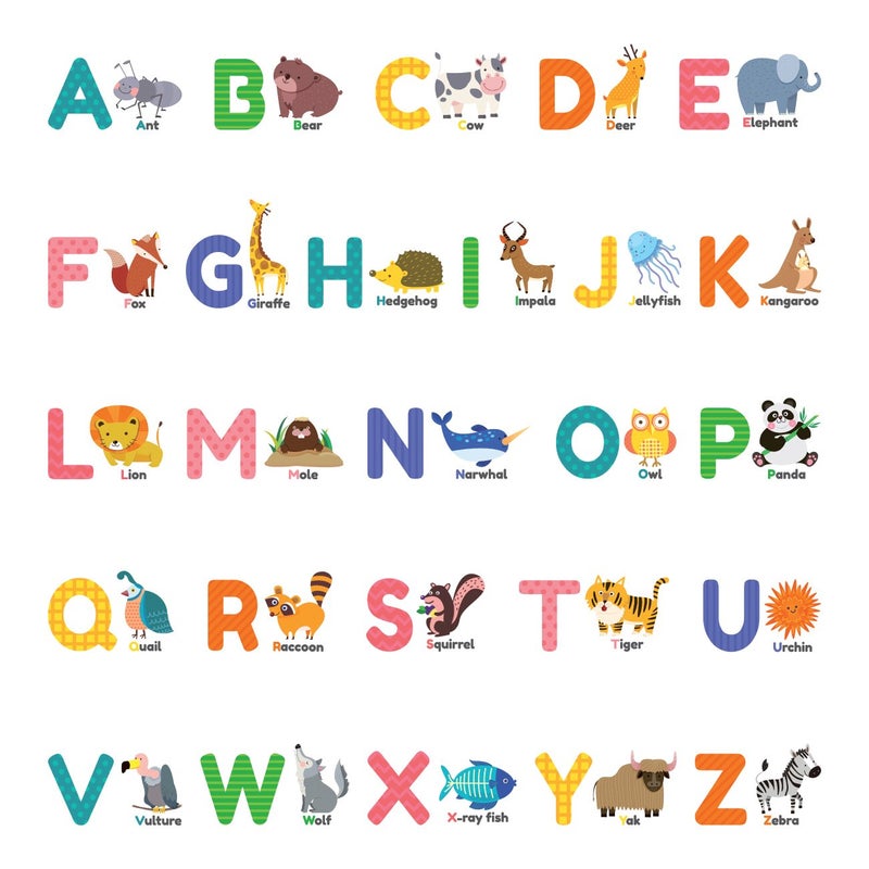 DECOWALL DS8014 Colourful Animal Alphabet ABC Kids Wall Stickers Wall Decals Peel and Stick Removable Wall Stickers for Kids Nursery Bedroom Living Room Small dcor