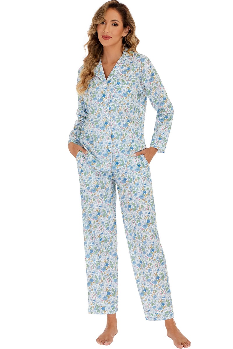 LUBOT 100% Cotton Pajamas for Women 2PC PJ Set Poplin Pajama Set Woven Long Sleeve Button-Down Two Piece Printed Sleepwear Loungewear Set (Peony, M) - Image 3