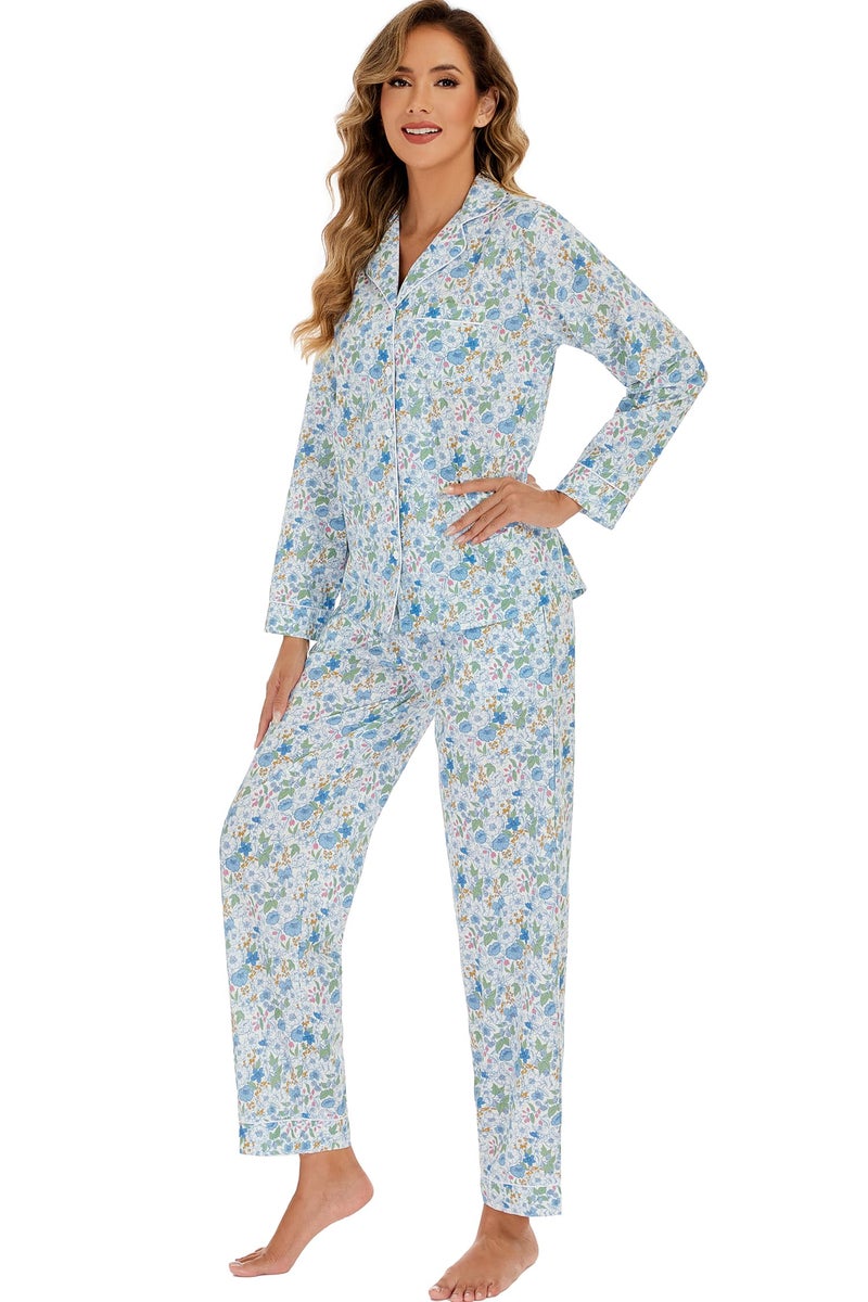 LUBOT 100% Cotton Pajamas for Women 2PC PJ Set Poplin Pajama Set Woven Long Sleeve Button-Down Two Piece Printed Sleepwear Loungewear Set (Peony, M) - Image 4