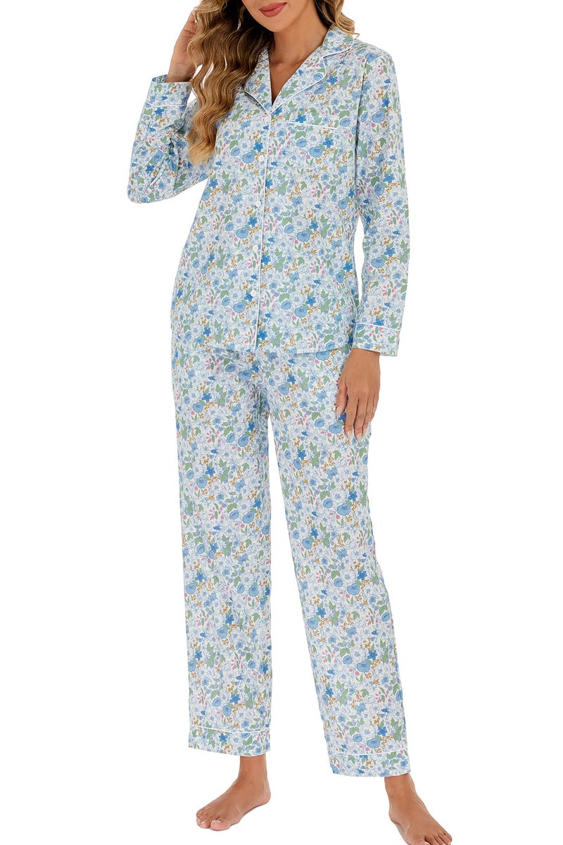 LUBOT 100% Cotton Pajamas for Women 2PC PJ Set Poplin Pajama Set Woven Long Sleeve Button-Down Two Piece Printed Sleepwear Loungewear Set (Peony, M) - Image 1