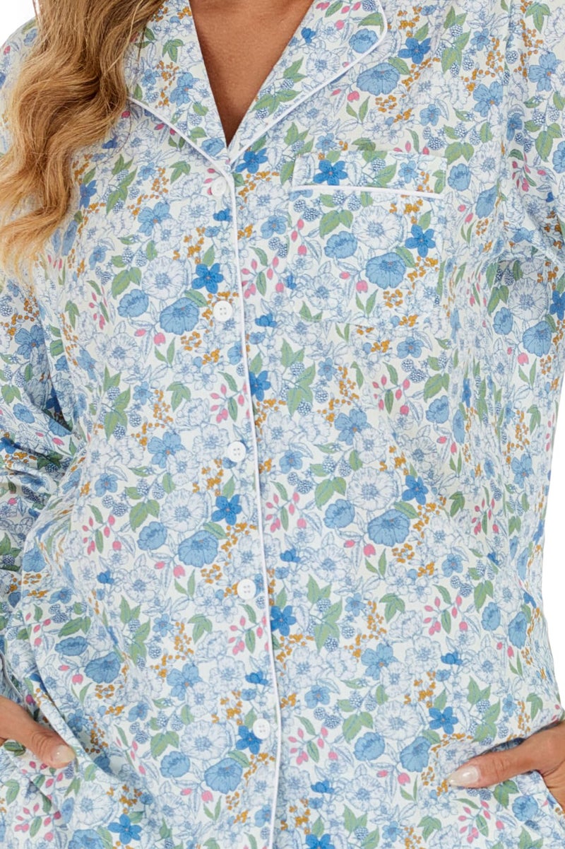 LUBOT 100% Cotton Pajamas for Women 2PC PJ Set Poplin Pajama Set Woven Long Sleeve Button-Down Two Piece Printed Sleepwear Loungewear Set (Peony, M) - Image 2